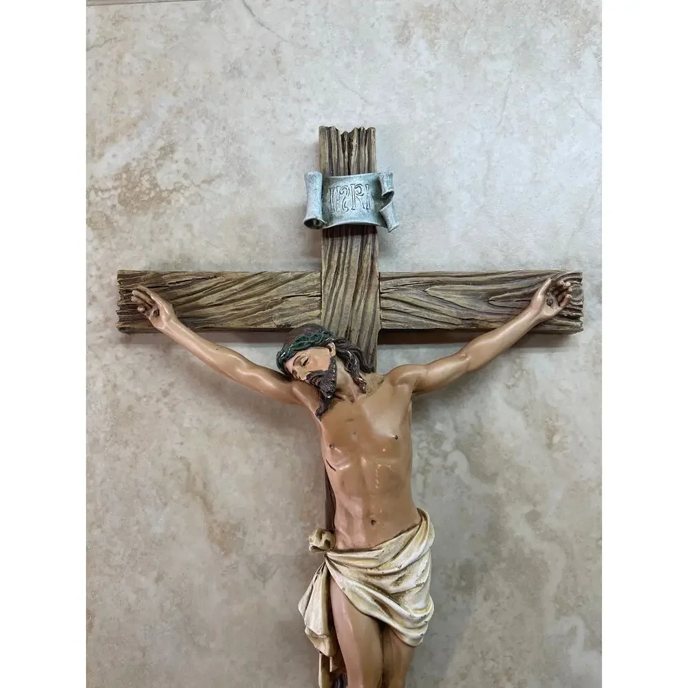 Religious Wall Crucifix Jesus Christ on Cross Faux Wood Grain Catholic Decor
